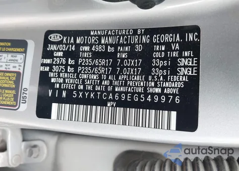 2014 Kia Sorento Lx from USA, damaged, VIN 5XYKTCA69EG549976